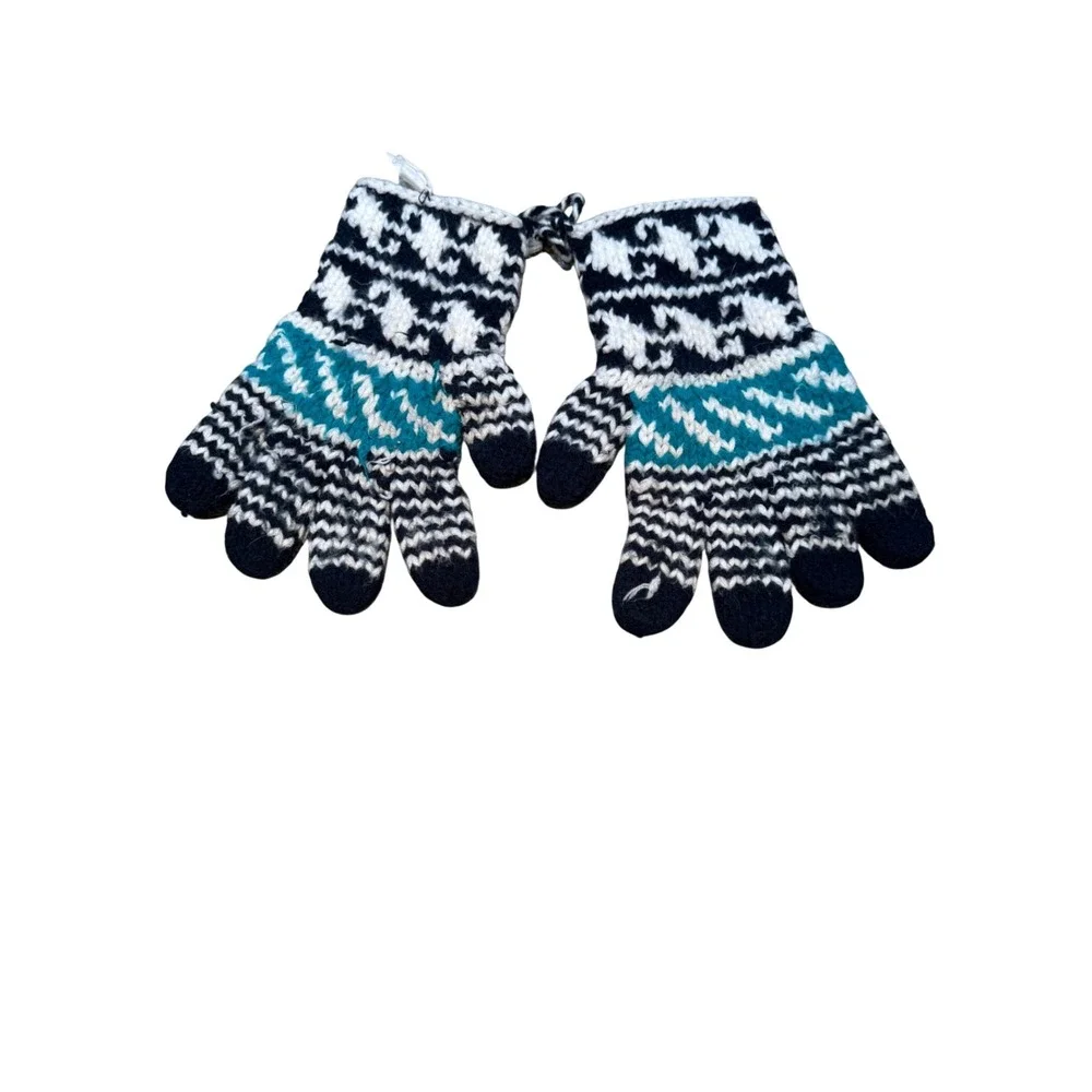 Unbranded Fair Isle Knit Wool Blend Gloves‎ Black White Teal Geometric Winter